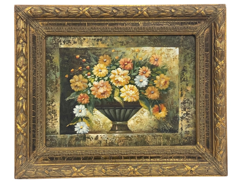TEXTURED FLORAL OIL PAINTING IN ORNATE FRAME 21": TEXTURED FLORAL OIL PAINTING IN ORNATE FRAME_x005F _x005F _x005F -A decorative floral still life painting signed illegible in the lower right corner. The artwork features a bouquet of bright orange, y
