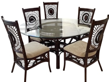 RATTAN DINING SET W GLASS TOP TABLE 5 CHAIRS