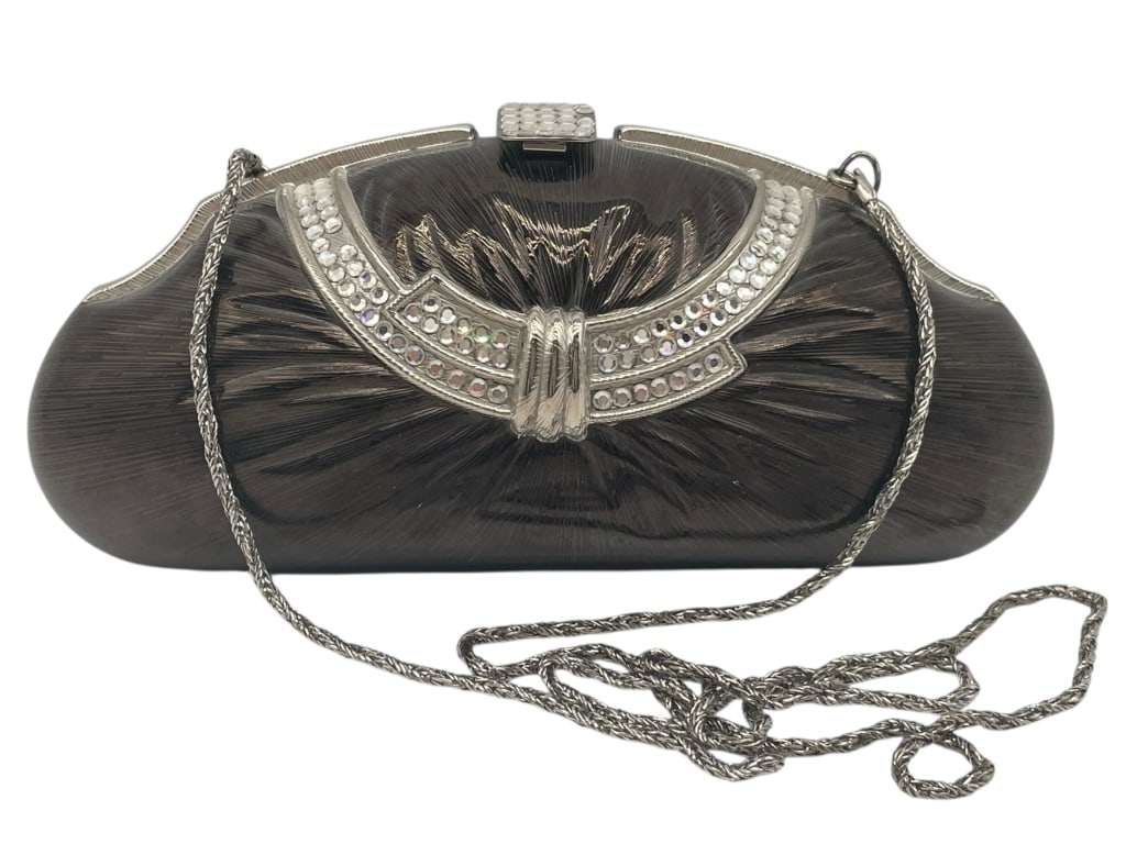 VINTAGE ART DECO STYLE SILVER HARDCASE CLUTCH: VINTAGE ART DECO STYLE SILVER HARDCASE CLUTCH WITH RHINESTONE DETAIL & SILVER CHAIN STRAP_x005F -Very good pre owned condition_x005F -Approx 8"l x 3"h_x005F -Sophisticated vintage Art Deco style eveni