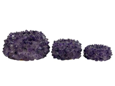 THREE AMETHYST CRYSTAL CLUSTER CANDLE HOLDERS 6"