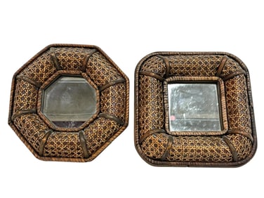 PAIR OF WOVEN RATTAN AND WICKER MIRRORS 9.5"
