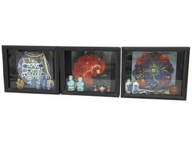 3 SHADOW BOXES OF ASIAN INSPIRED COLLECTIBLES 11"