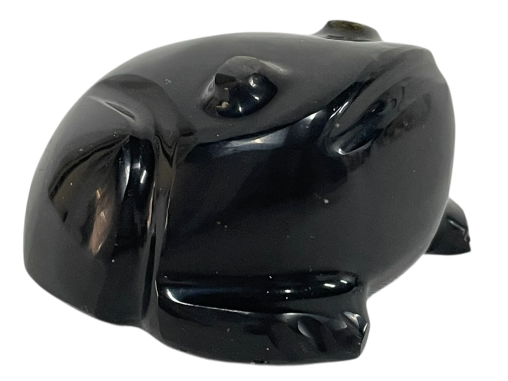 CARVED BLACK STONE FROG FIGURINE 2": CARVED BLACK STONE FROG FIGURINE 2"_x005F -Good pre owned condition, chip near front arm (see photos)_x005F -Approx 1.5"h x 2"w_x005F -This charming piece captures the essence of a frog in a sleek, st