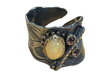 STERLING WIDE ADJUST RING STUNNING FIRE OPAL SZ 7