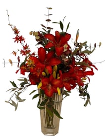 TALL GLASS VASE W FAUX RED FLORAL ARRANGEMENT 31"