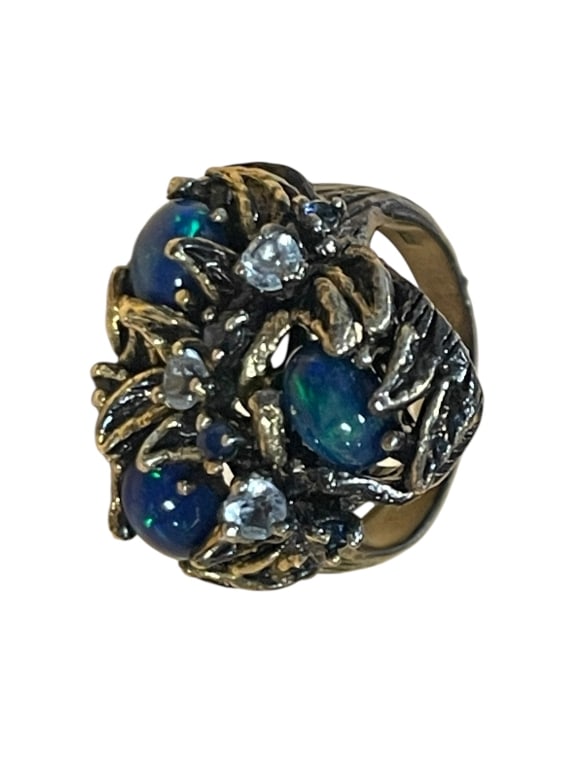 BEAUTIFUL BLUE FIRE OPAL CLUSTER STERLING RING 9 (1 of 6)