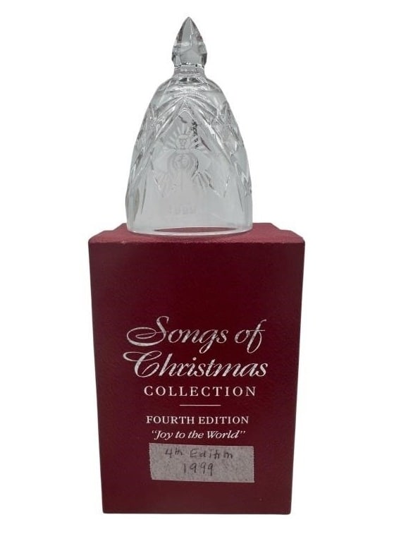 WATERFORD CRYSTAL SONGS OF CHRISTMAS BELL 1999 4: _x005F WATERFORD CRYSTAL SONGS OF CHRISTMAS COLLECTION – FOURTH EDITION, 1999, “JOY TO THE WORLD.” ELEGANT FULL LEAD CRYSTAL FIGURAL BELL ORNAMENT FEATURING A FACETED FINIAL AND BEAUTIFUL CU