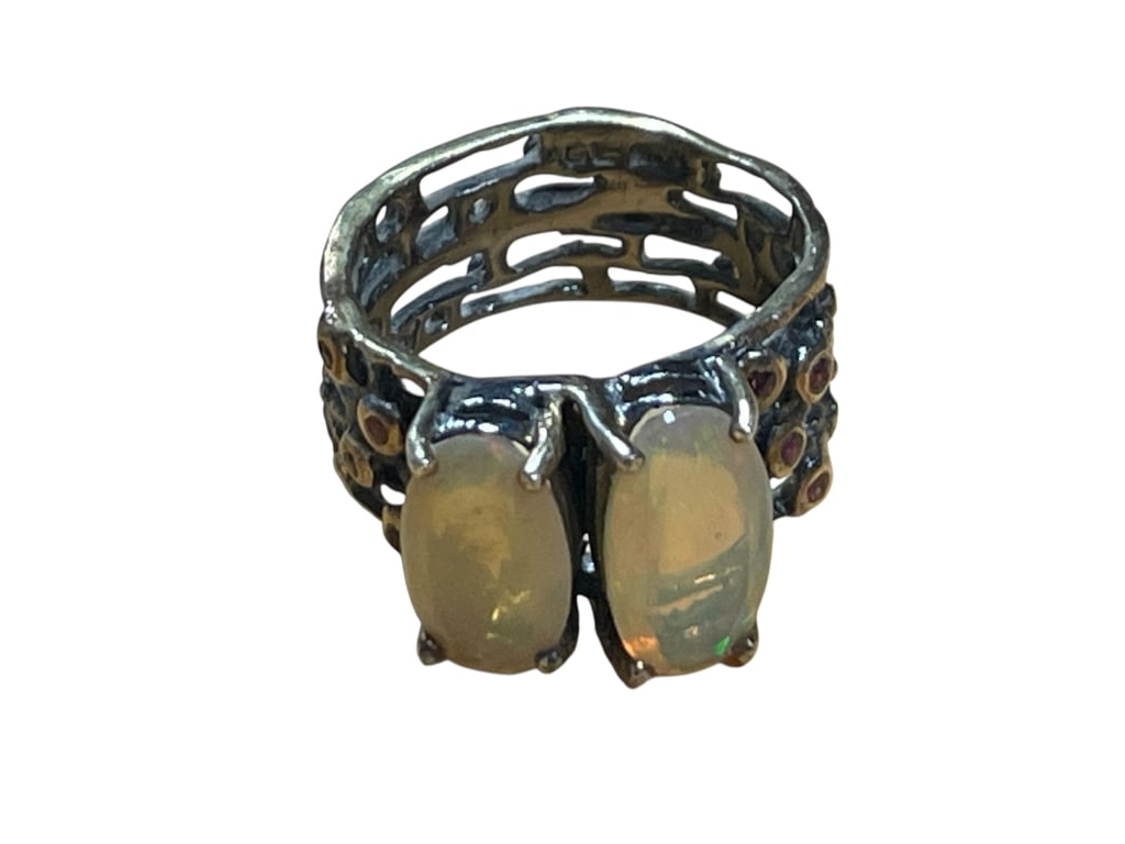 DOUBLE OPAL STERLING SILVER WIDE BOLD RING SIZE 8 (1 of 7)