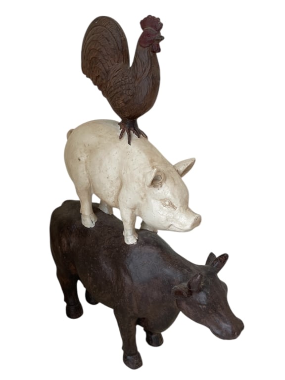 FARMHOUSE-THEMED STACKED ANIMAL SCULPTURE 22": FARMHOUSE-THEMED STACKED ANIMAL SCULPTURE 22"_x005F -Very good pre owned condition_x005F -Composite material_x005F -Approx 22"h x 5"w x 16"d_x005F -Charming farmhouse-themed stacked animal sculpture f