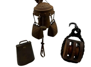 SET OF 4 RUSTIC HANGING DECOR COW BELL PULLEY ETC