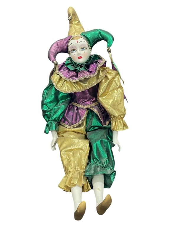 PORCELAIN JESTER DOLL MARDI GRAS COLORS 16" (1 of 4)