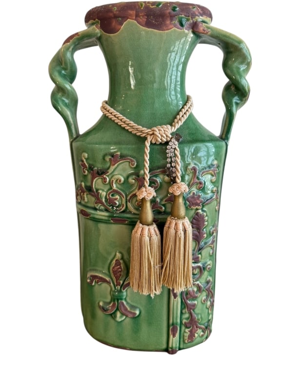 FRENCH PROVINCIAL GREEN GLAZED POTTERY VASE (1 of 6)