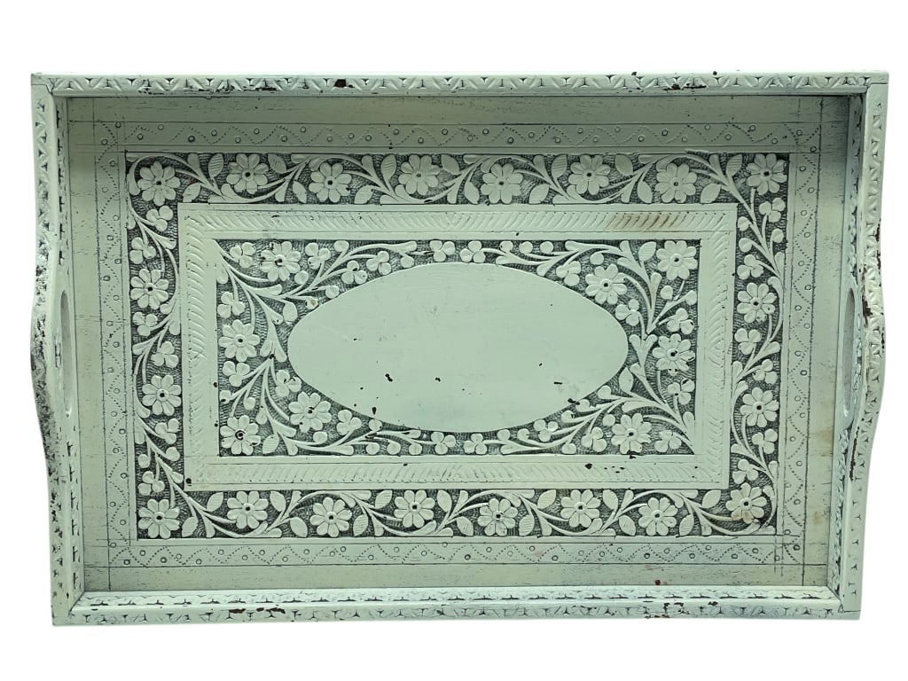 INDIAN CARVED WOOD SERVING TRAY 18" (1 of 5)