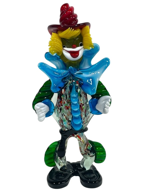 MURANO STYLE ART GLASS CLOWN SCULPTURE 14": MURANO STYLE ART GLASS CLOWN SCULPTURE 14" -Very good pre owned condition -Approx 14"h x 6"w -Murano style art glass clown figurine featuring bold multicolor details including a red hat, yellow hair,