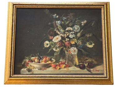 OIL ON BOARD STILL LIFE WITH FLOWERS & FRUIT 11"