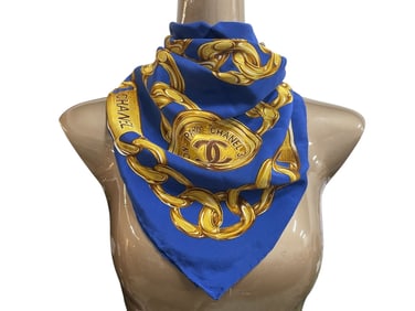 CHANEL BLUE & GOLD CHAIN PRINT SILK SCARF 32"