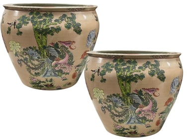 PHOENIX & KOI CHINESE FISHBOWL PLANTERS 19" PAIR