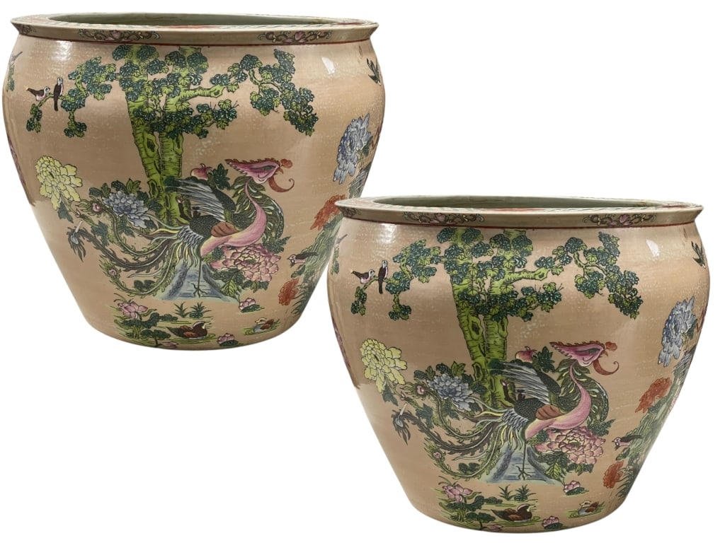 PHOENIX & KOI CHINESE FISHBOWL PLANTERS 19" PAIR (1 of 10)