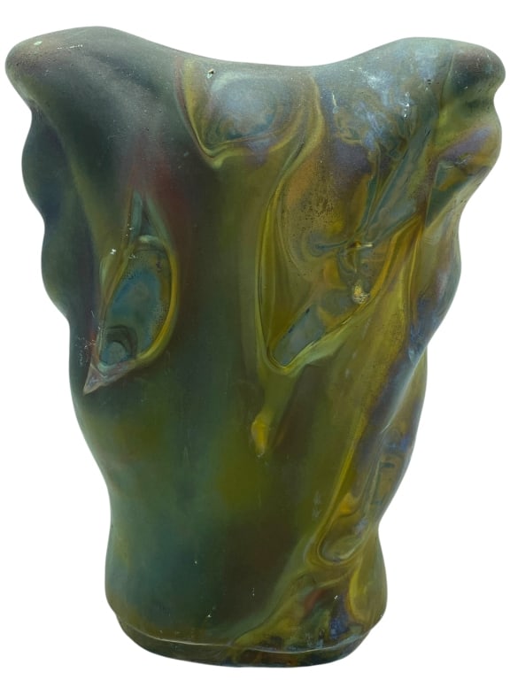 VINTAGE STUDIO ART RAKU VASE 12.5": STUDIO ART RAKU VASE – ABSTRACT ORGANIC FORM WITH MULTI-TONED GLAZEAN EXPRESSIVE STUDIO ART RAKU VASE, HANDCRAFTED WITH AN ABSTRACT, ORGANICALLY SCULPTED FORM AND A STRIKING MULTI-TONED SURFACE. THE