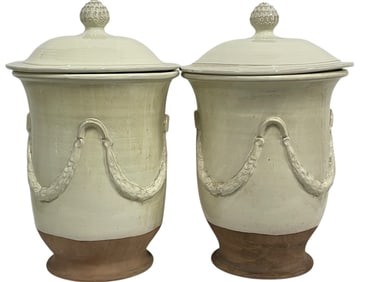 PAIR OF LARGE ITALIAN TERRACOTTA GLAZED URNS 22"