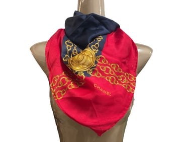 CHANEL RED & NAVY SILK SCARF W CHAIN MOTIF 33"