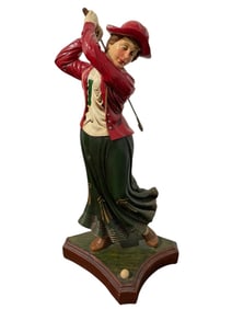 FEMALE GOLFER STATUE ON WOODEN BASE 28"