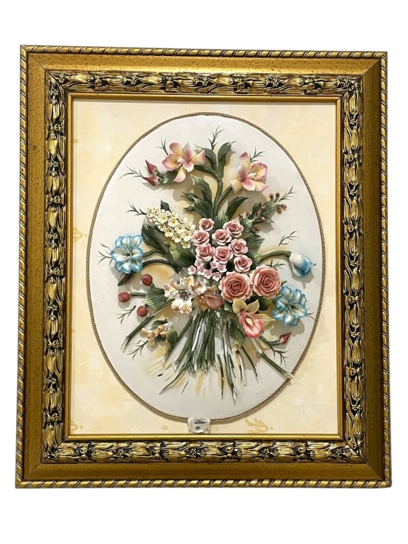 FRAMED PORCELAIN FLORAL RELIEF ARTWORK 24" (1 of 5)