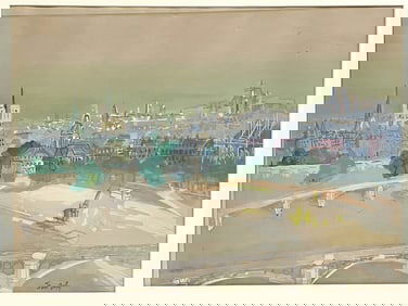 JEAN DUFY PARIS CITYSCAPE GOUACHE ON PAPER 23"