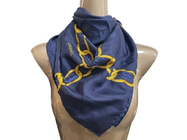 CHANEL NAVY BLUE SILK SCARF W GOLD CHAIN MOTIF 33"