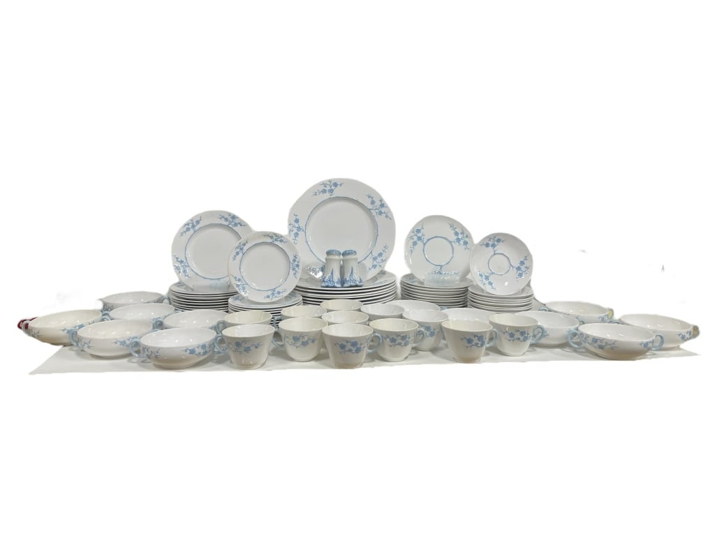 SPODE GEISHA LIGHT BLUE CHERRY BLOSSOM CHINA SET: VINTAGE SPODE GEISHA LIGHT BLUE CHERRY BLOSSOM DINNERWARE SET -Good pre owned condition, some discoloration (see photos) -Set includes: salt and pepper shakers 12 bowls 5" 12 bowl saucers 7" 12 teacup