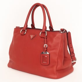 PRADA RED PEBBLED LEATHER TOTE BAG WITH SILVER-TOS