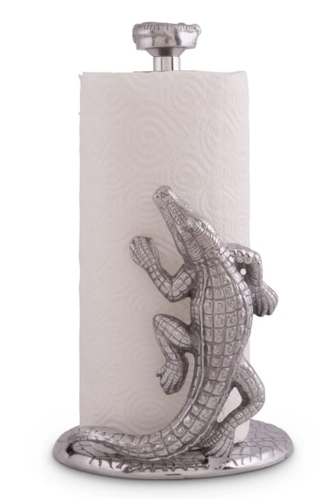 NEW ARTHUR COURT ALLIGATOR PAPER HOLDER: Let this kitchen necessity crawl out of the shadows with Arthur Court's Alligator Paper Towel Holder. This unique design features a crafty alligator working its way up the side of the paper towels, th