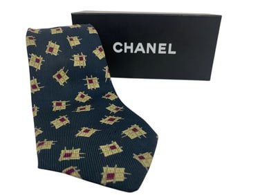 CHANEL MEN'S SILK TIE – NAVY WITH ABSTRACT GOLD