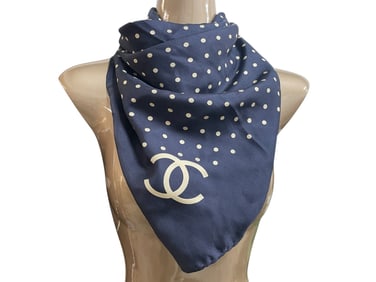 CHANEL NAVY BLUE SILK SCARF W POLKA DOT & CC 34"