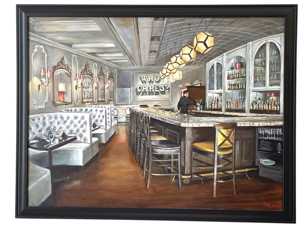 LARGE OIL ON CANVAS BAR SCENE SIGNED McCORMICK 46" (1 of 4)