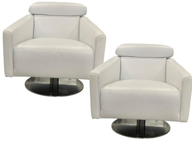 NICOLETTI MODERN WHITE LEATHER SWIVEL CHAIRS, PAIR