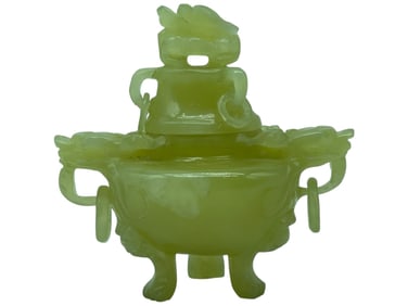 SMALL CHINESE PALE JADE CARVED CENSER TRIPOD 6"