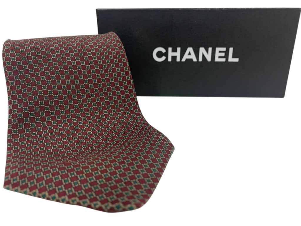 CHANEL MEN'S SILK TIE – BURGUNDY & GREEN (1 of 3)