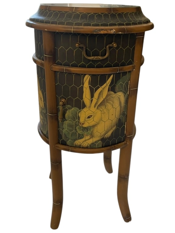 MAITLAND-SMITH FAUX BAMBOO ACCENT CABINET: CHINOISERIE FAUX BAMBOO NIGHTSTAND / ACCENT CABINET -This is a charming and whimsical Vintage Accent Cabinet or Nightstand in the desirable Chinoiserie and Faux Bamboo style. The cylindrical or drum-s