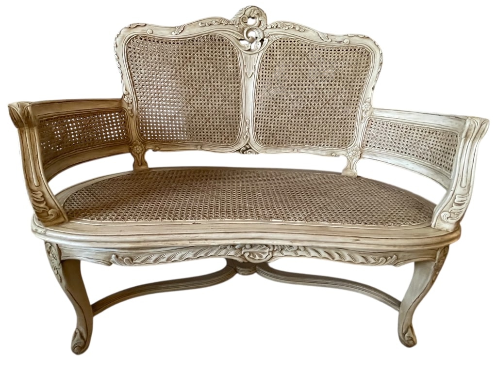 VINTAGE FRENCH PROVINCIAL STYLE CANE BACK SETTEE (1 of 9)