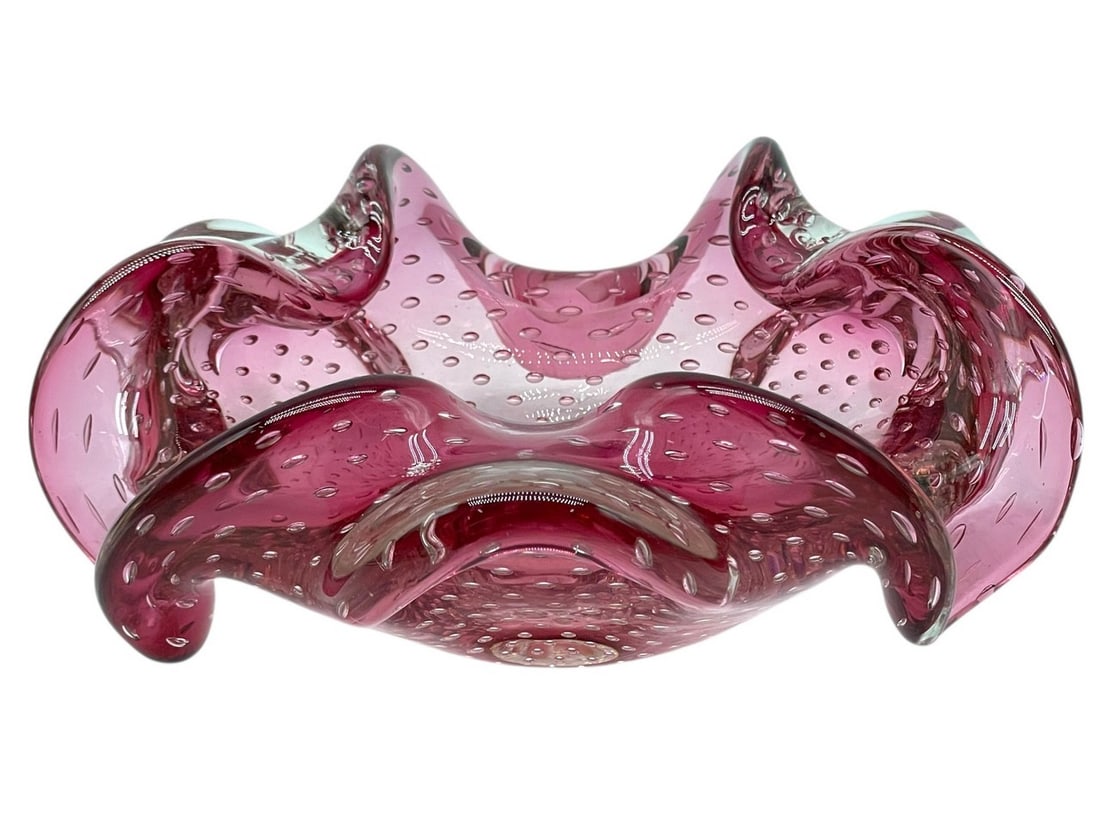 MURANO STYLE BULLICANTE CRANBERRY GLASS DISH 7": MURANO STYLE CRANBERRY GLASS DISH BULLICANTE -This is a visually dynamic and heavy piece of hand-blown Italian art glass, crafted in the style of Murano masters like Barbini or Seguso. The thick, vibr