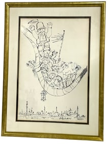 JOVAN OBICAN FIGURES IN BOAT INK DRAWING 32"