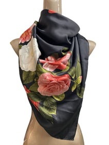 CHANEL BLK SILK SCARF W CAMELLIA FLORAL PRINT 52"