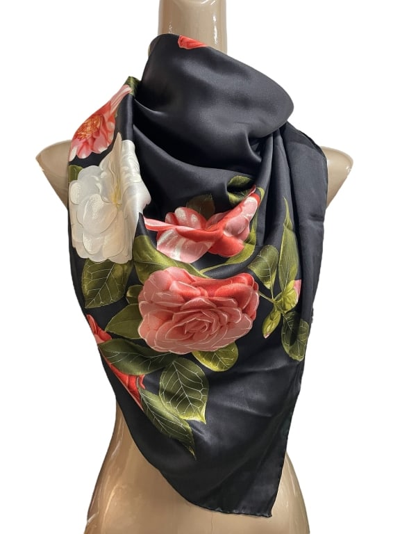 CHANEL BLK SILK SCARF W CAMELLIA FLORAL PRINT 52" (1 of 4)