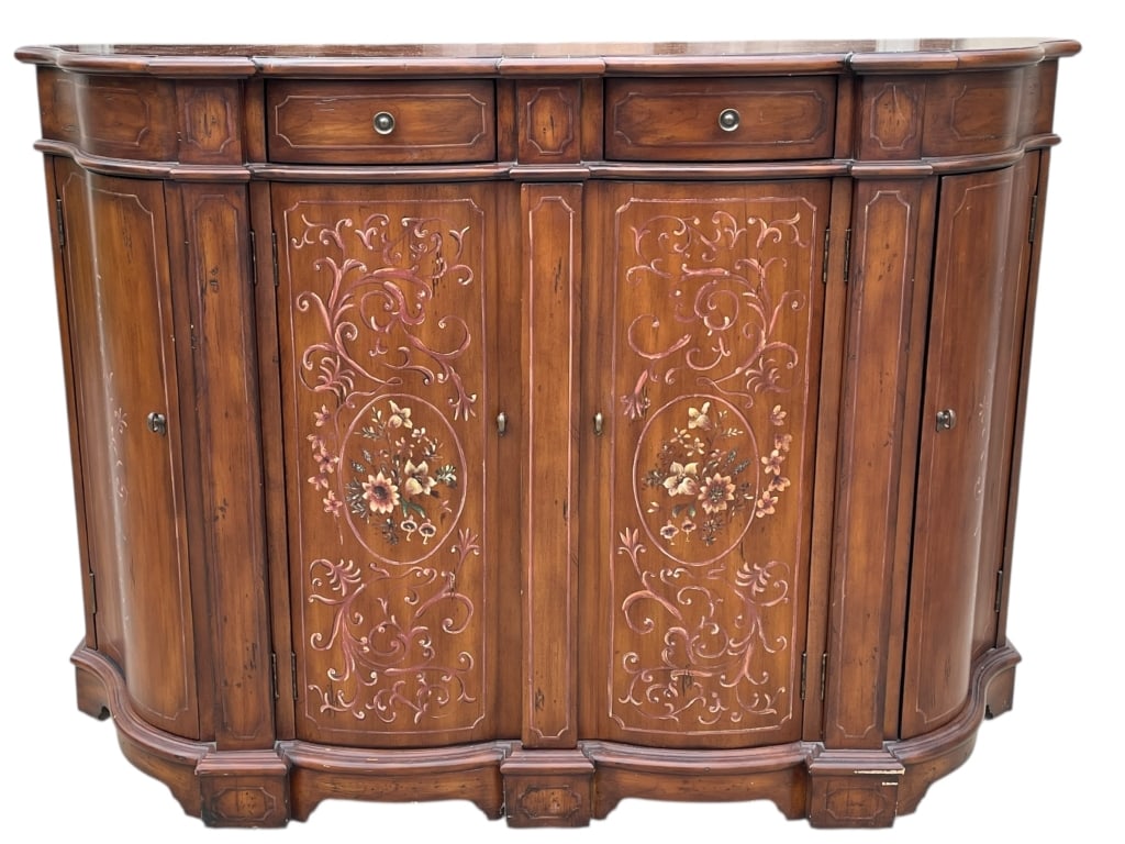 FRENCH PROVINCIAL STYLE DEMILUNE SERVER DRY BAR: FRENCH PROVINCIAL STYLE HAND-PAINTED DEMILUNE SERVER OR DRY BAR -This is an exceptional and large console cabinet in the classic French Provincial or Neoclassical style, distinguished by its curved de