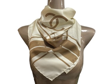 CHANEL BEIGE & CREAM SILK SCARF 34"