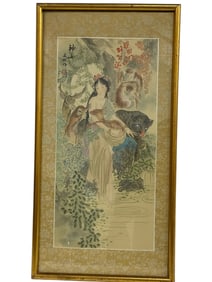 CHINESE PAINTING ON SILK GODDESS W ANIMALS 25"