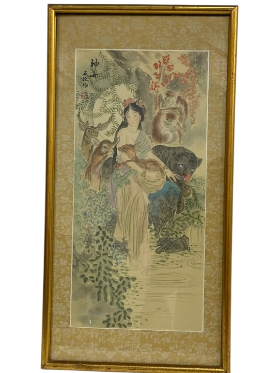 CHINESE PAINTING ON SILK GODDESS W ANIMALS 25": FRAMED CHINESE PAINTING ON SILK: GODDESS OR IMMORTAL WITH ANIMALS -This is a beautiful, framed vertical Chinese ink and color wash painting on silk, depicting a mythological or allegorical scene of a 