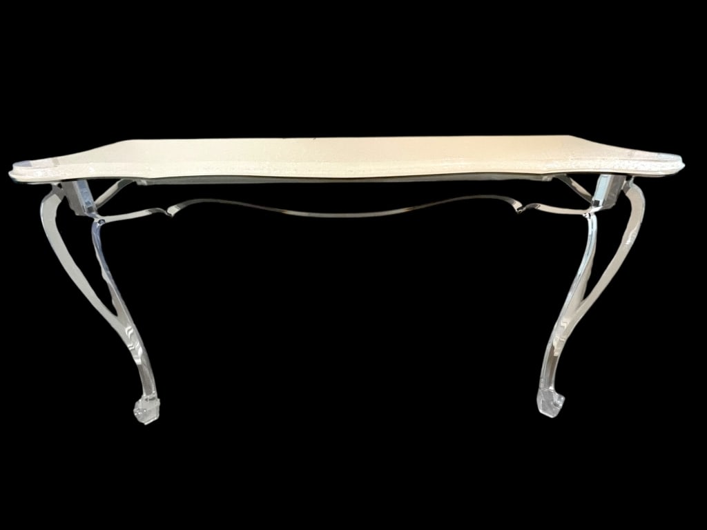 CONTEMPORARY LUCITE & GLASS CONSOLE TABLE 60": CONTEMPORARY LUCITE & GLASS CONSOLE TABLE – SCULPTURAL DESIGN | ELEGANT CONTEMPORARY CONSOLE TABLE FEATURING A CRYSTAL-CLEAR LUCITE BASE WITH SCULPTURAL CURVED LEGS AND A SLEEK GLASS TOP. THE TRANSP