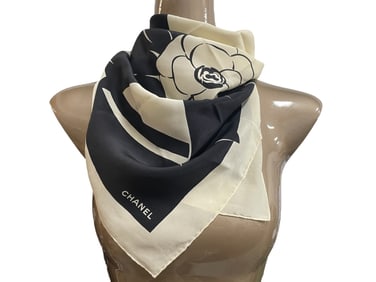 CHANEL BLACK & IVORY SILK SCARF W CAMELLIA BOW 33"